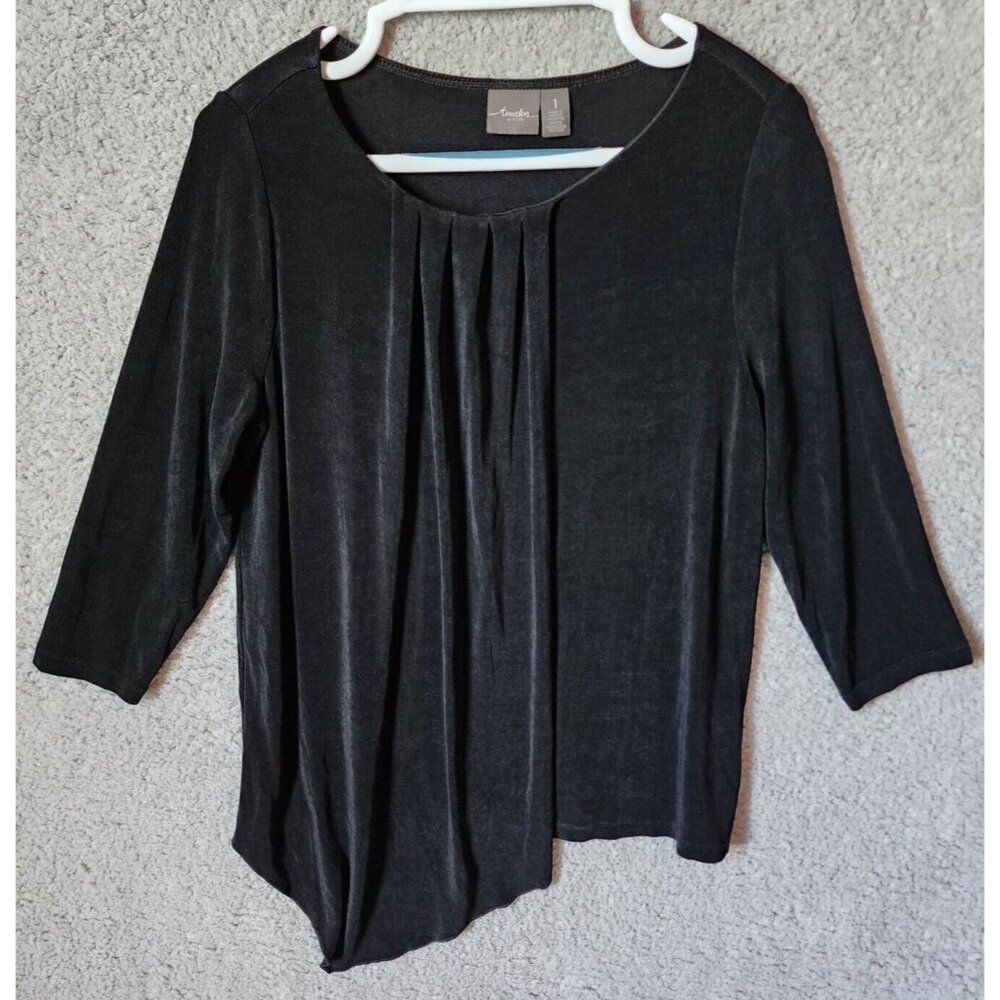Chico’s Travelers Womens 3/4 Sleeve Pleated Neck Asymmetrical Hem Top Black Sz M